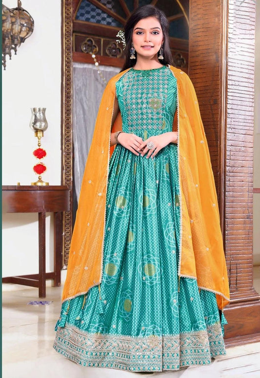 Rama Green Silk Anarkali Suit For Girls - Lagorii Kids