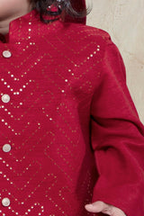 Red monochrome kurta with Nehru jacket and matching turban set - Lagorii Kids