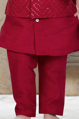 Red monochrome kurta with Nehru jacket and matching turban set - Lagorii Kids