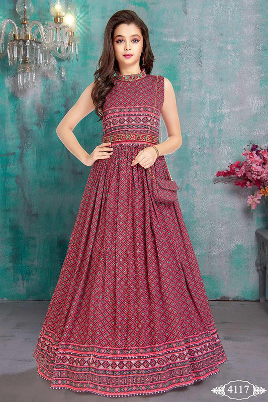 Red printed flared long gown for girls. - Lagorii Kids
