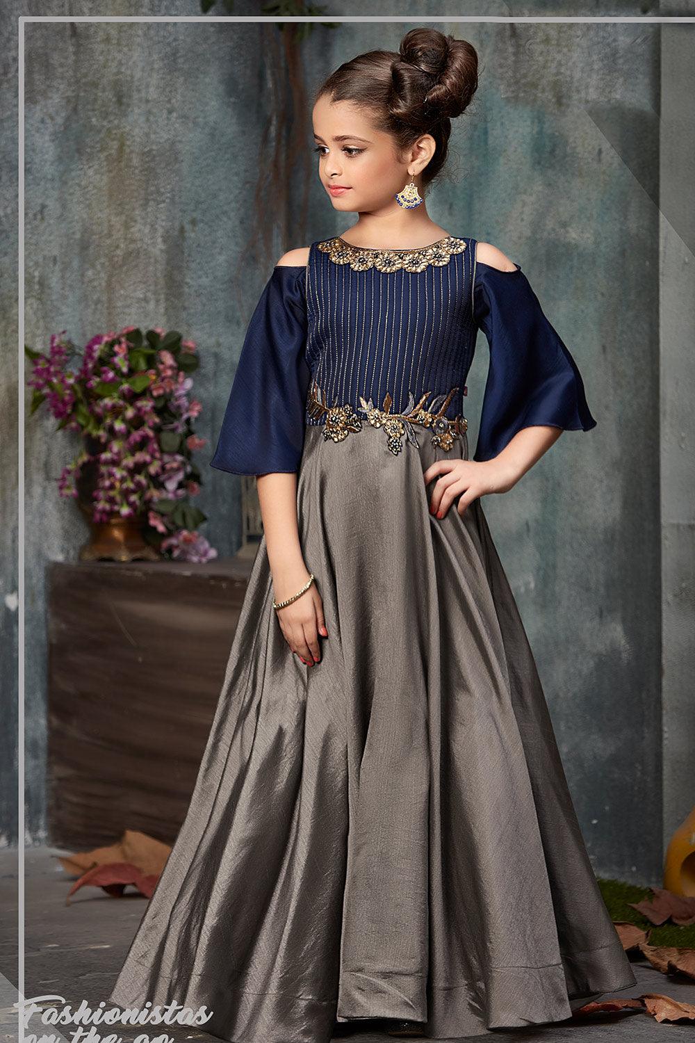 Royal blue and metallic grey cold shouldered gown - Lagorii Kids