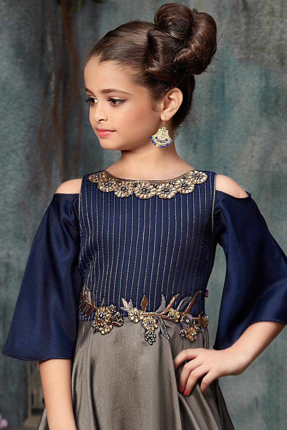 Royal blue and metallic grey cold shouldered gown - Lagorii Kids
