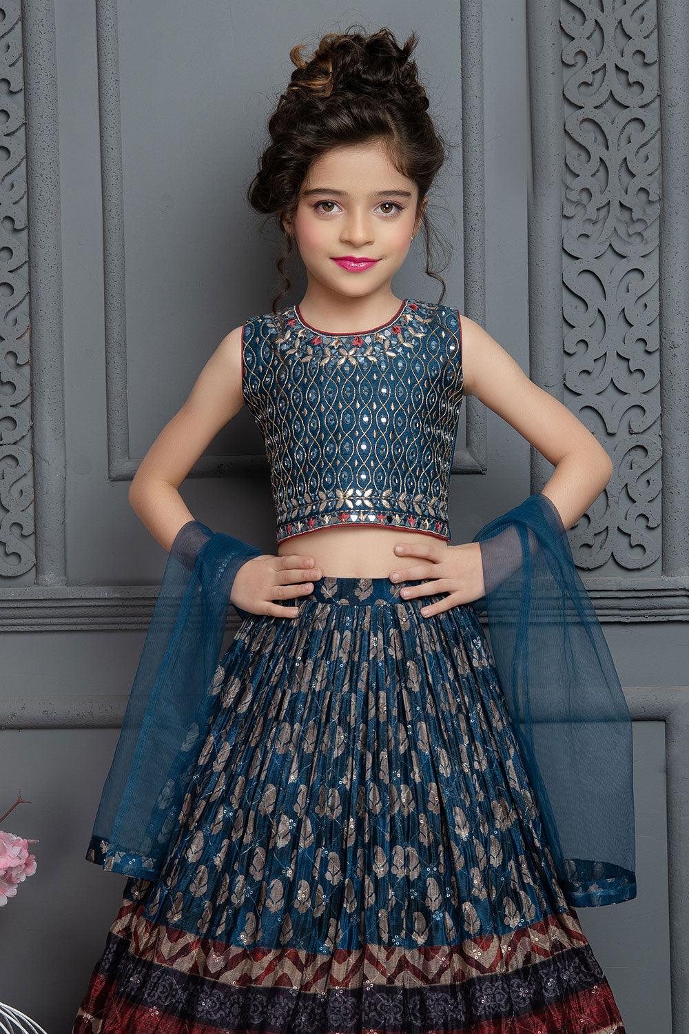 Peacock Blue Mirror, Stone, Beads and Zari work Lehenga Choli for Girl –  Seasons Chennai