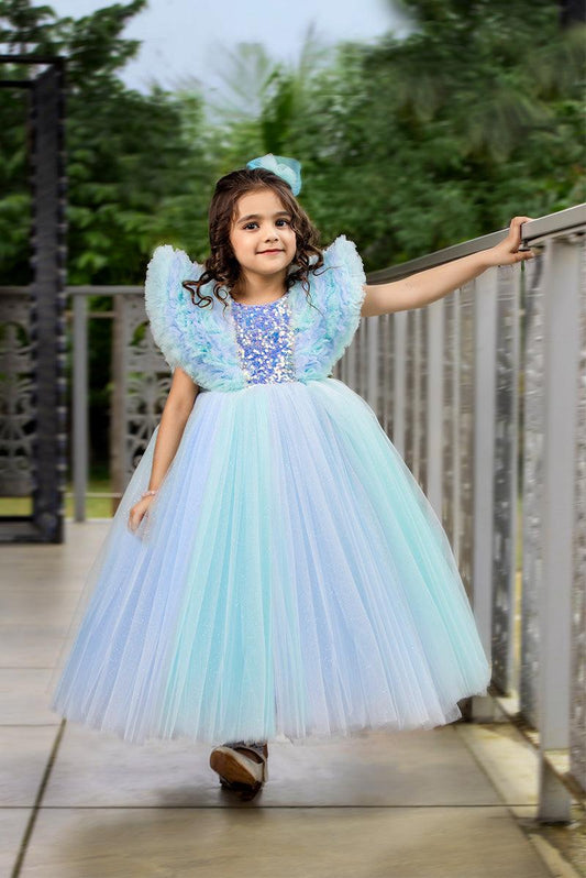 Sky blue cindrella gown with Sequence work - Lagorii Kids