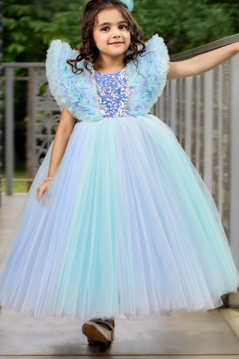 Sky blue cindrella gown with Sequence work - Lagorii Kids