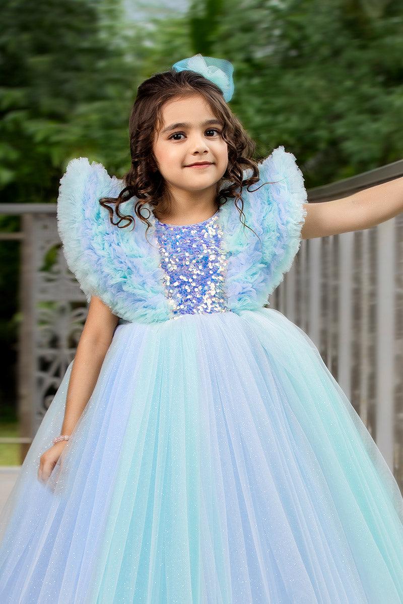 Long Cindrella Frock For Girl Sky Blue Cindrella Gown With