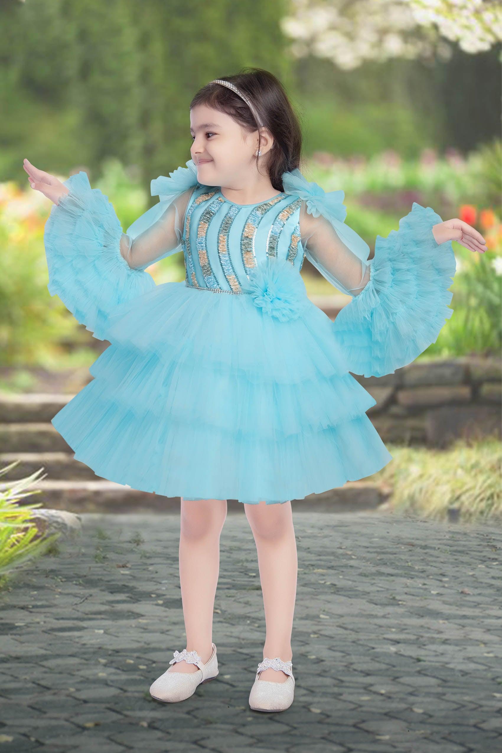 Sky blue frilled frock with frilled cuff sleeves - Lagorii Kids