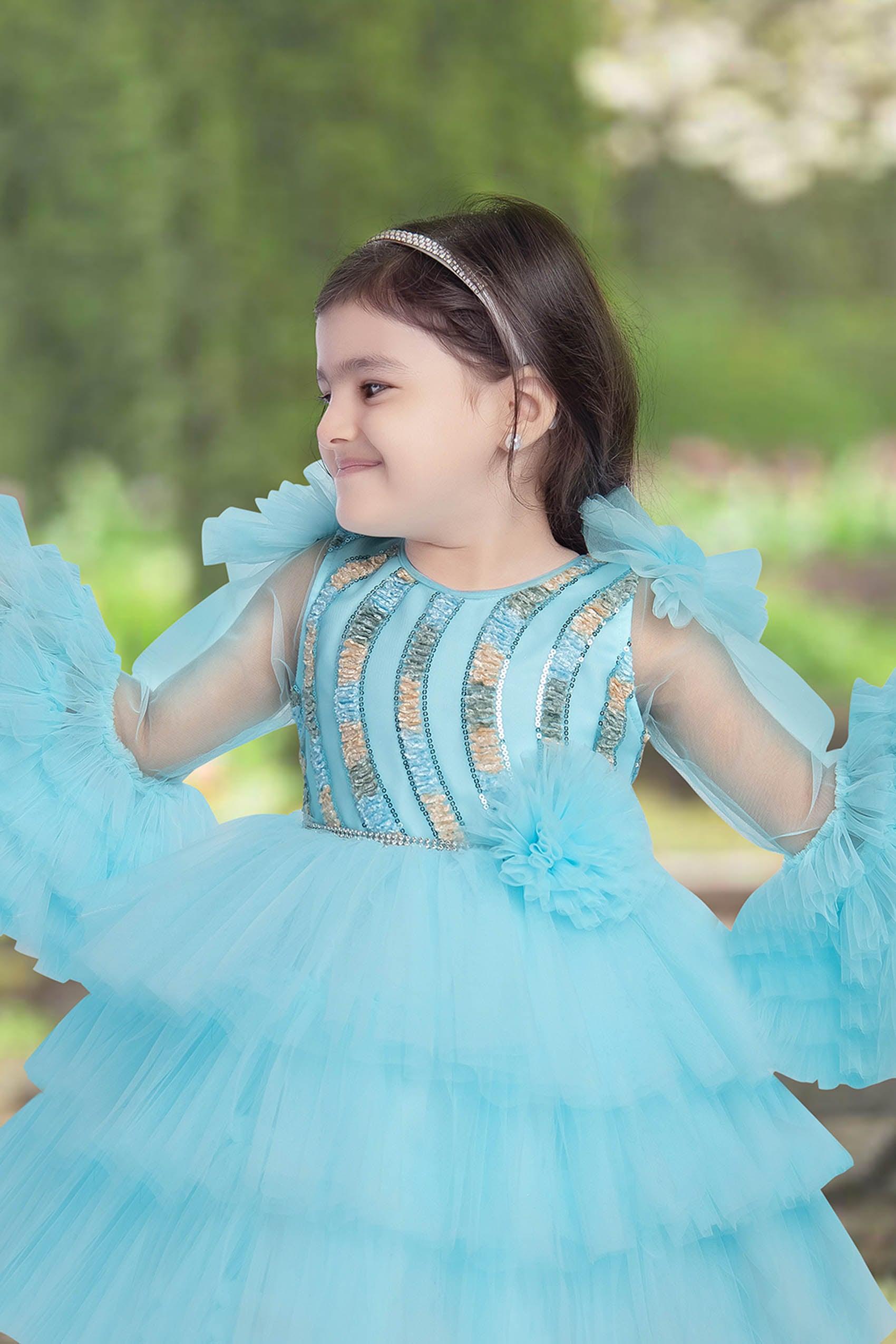 Party Wear Baby Frock Frill Design Olive Green Sequined Frill