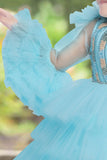 Sky blue frilled frock with frilled cuff sleeves - Lagorii Kids
