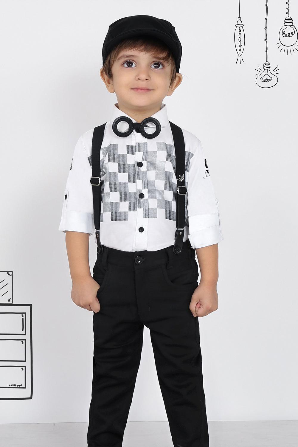 White printed shirt with unique bow-tie , matching suspenders and pants set - Lagorii Kids