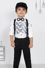 White printed shirt with unique bow-tie , matching suspenders and pants set - Lagorii Kids