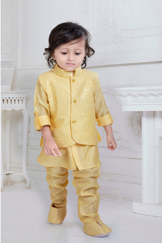 Yellow monochrome kurta with Nehru jacket and matching shoes set - Lagorii Kids