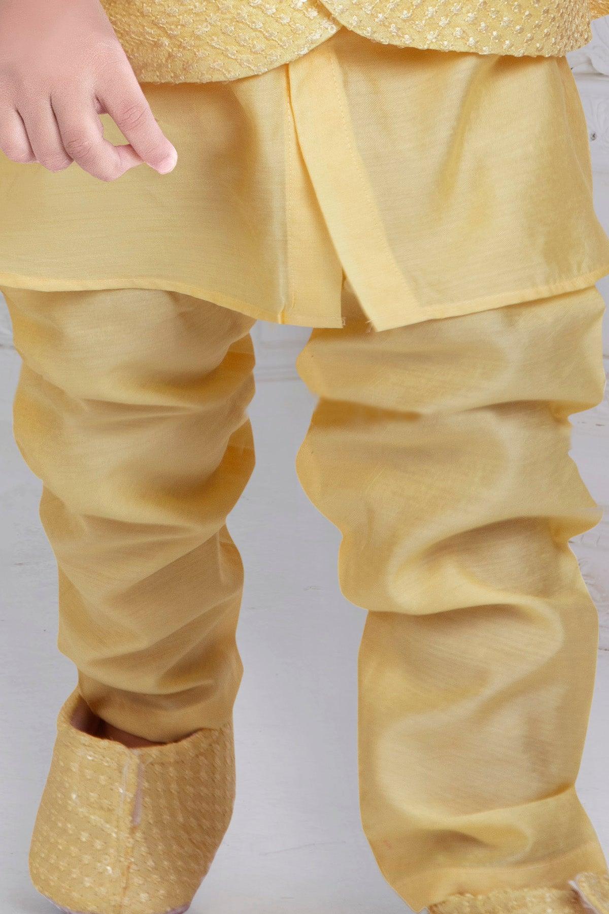 Yellow monochrome kurta with Nehru jacket and matching shoes set - Lagorii Kids